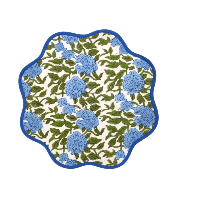 Blue Botanical Round scalloped Placemats 13.5x13.5 inches