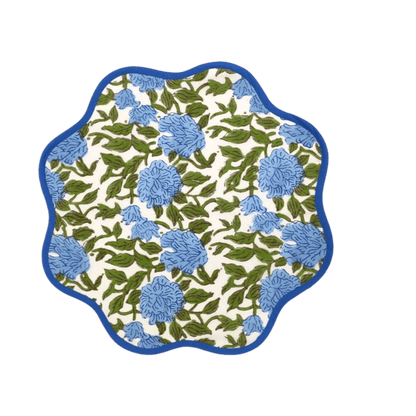 Blue Botanical Round scalloped Placemats 13.5x13.5 inches