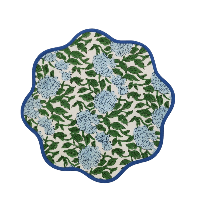 Blue Botanical Round scalloped Placemats 15.5x15.5 inches