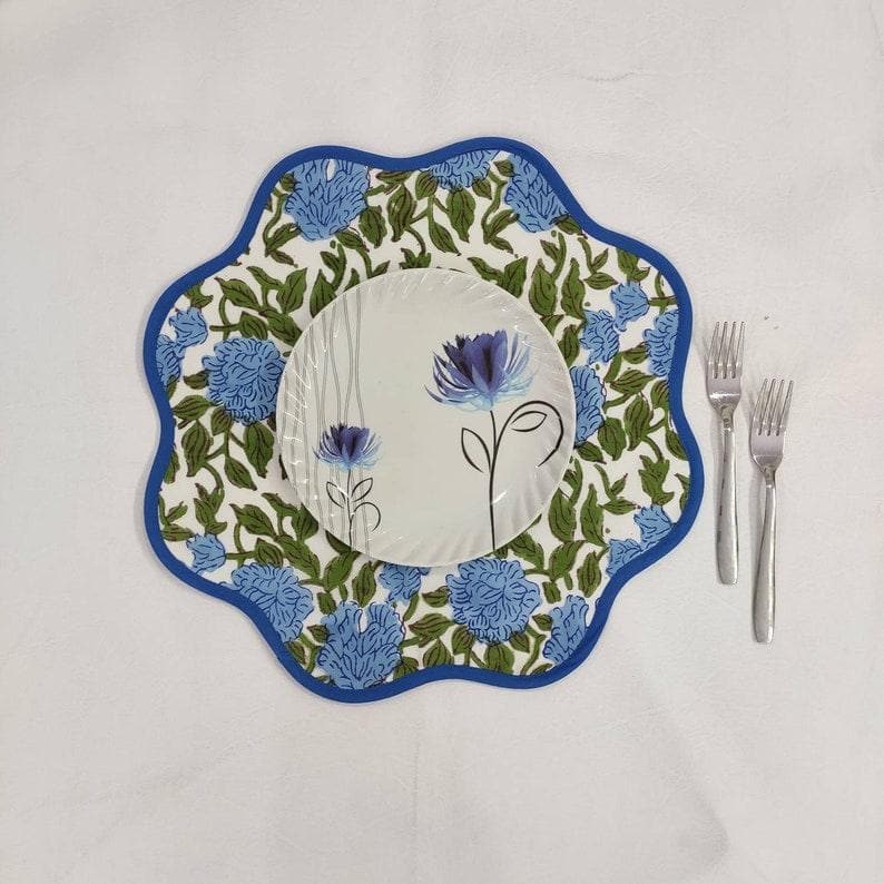 Blue Botanical Round scalloped Placemats