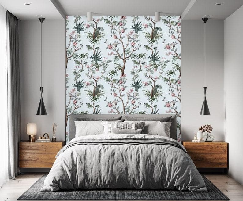 Blue Botanicals and Birds and Chinoiserie Wallpaper