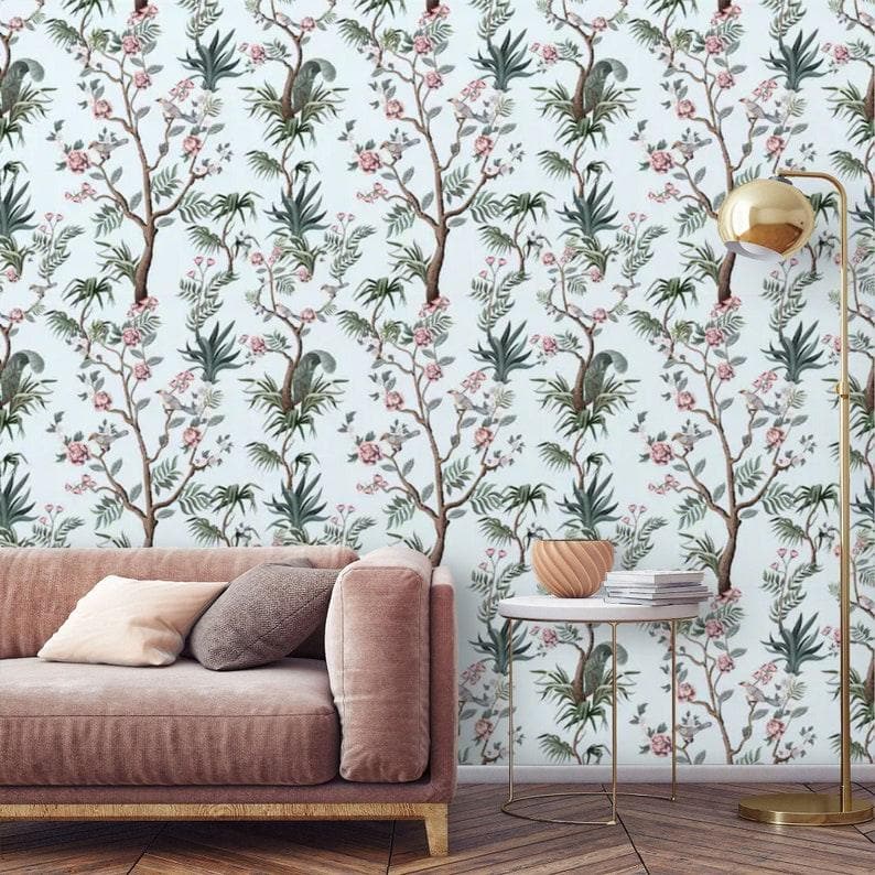 Blue Botanicals and Birds and Chinoiserie Wallpaper