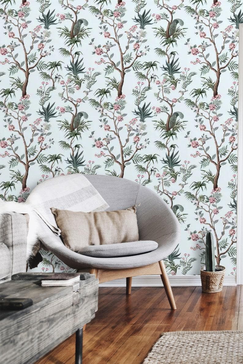 Blue Botanicals and Birds and Chinoiserie Wallpaper