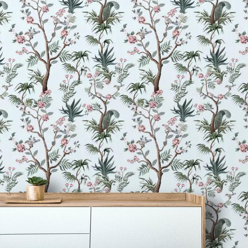 Blue Botanicals and Birds and Chinoiserie Wallpaper