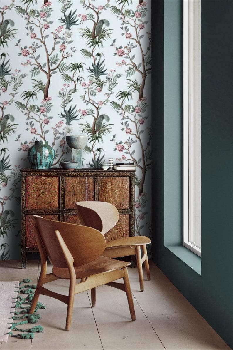 Blue Botanicals and Birds and Chinoiserie Wallpaper