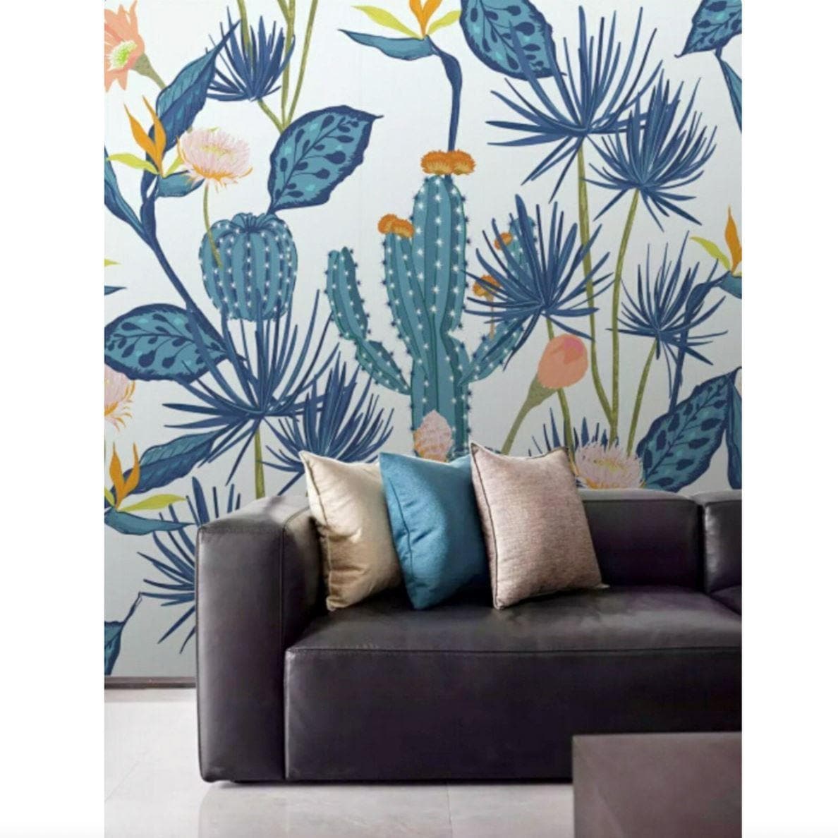 Blue Cactus and Flowers Wall Mural