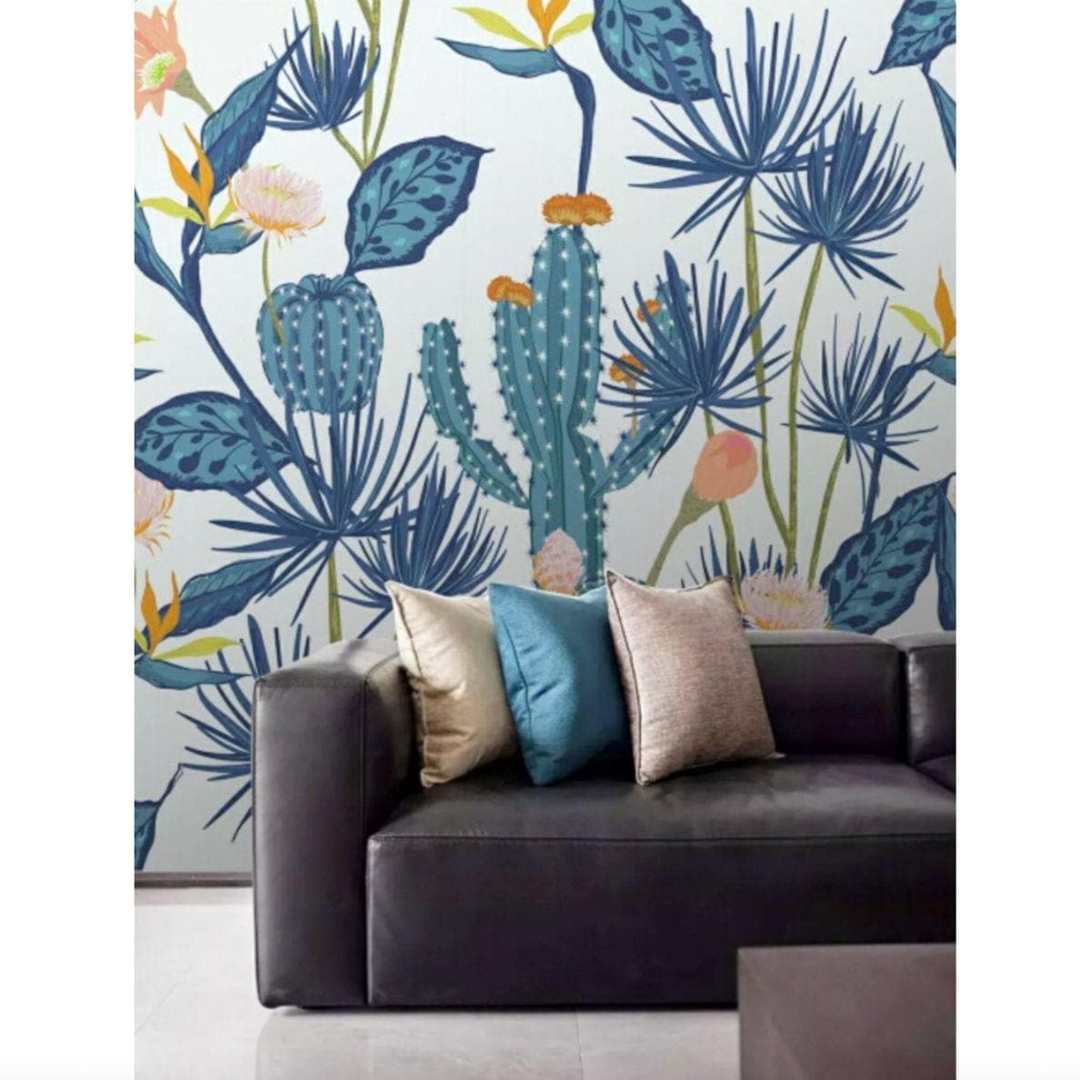 Blue Cactus and Flowers Wall Mural - MAIA HOMES