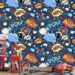 Blue Colorful Comics Nursery Room Wallpaper