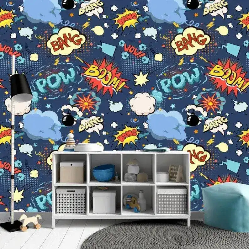 Blue Colorful Comics Nursery Room Wallpaper