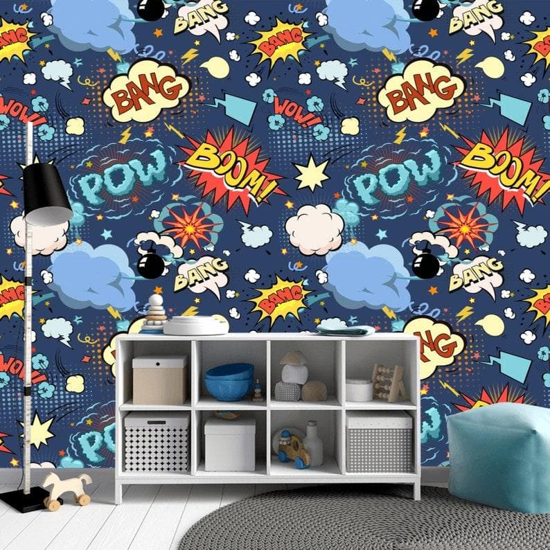 Blue Colorful Comics Nursery Room Wallpaper - MAIA HOMES