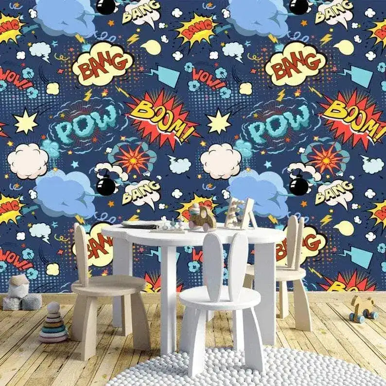 Blue Colorful Comics Nursery Room Wallpaper