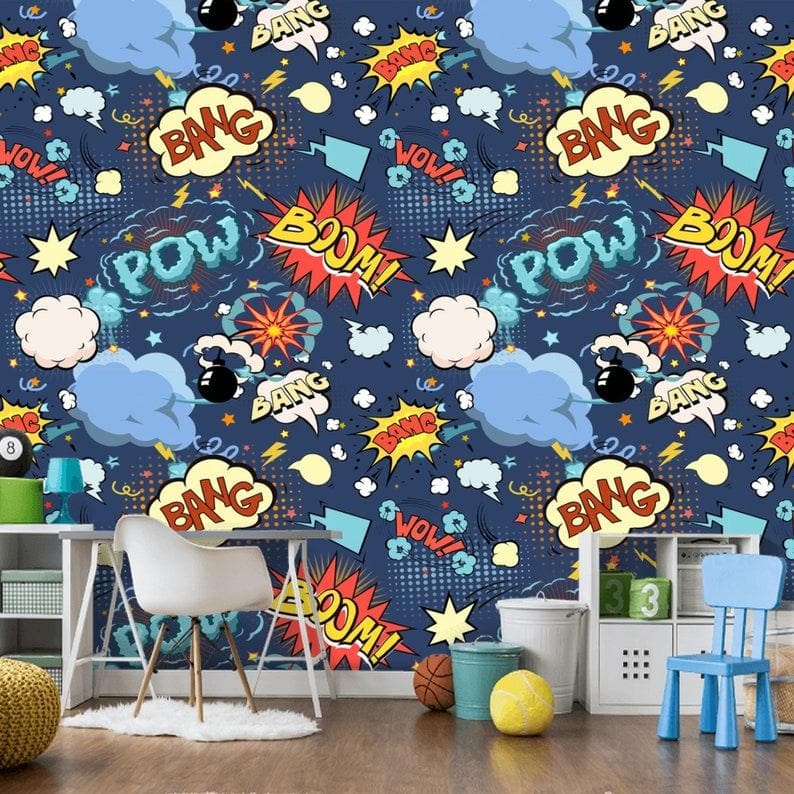 Blue Colorful Comics Nursery Room Wallpaper - MAIA HOMES