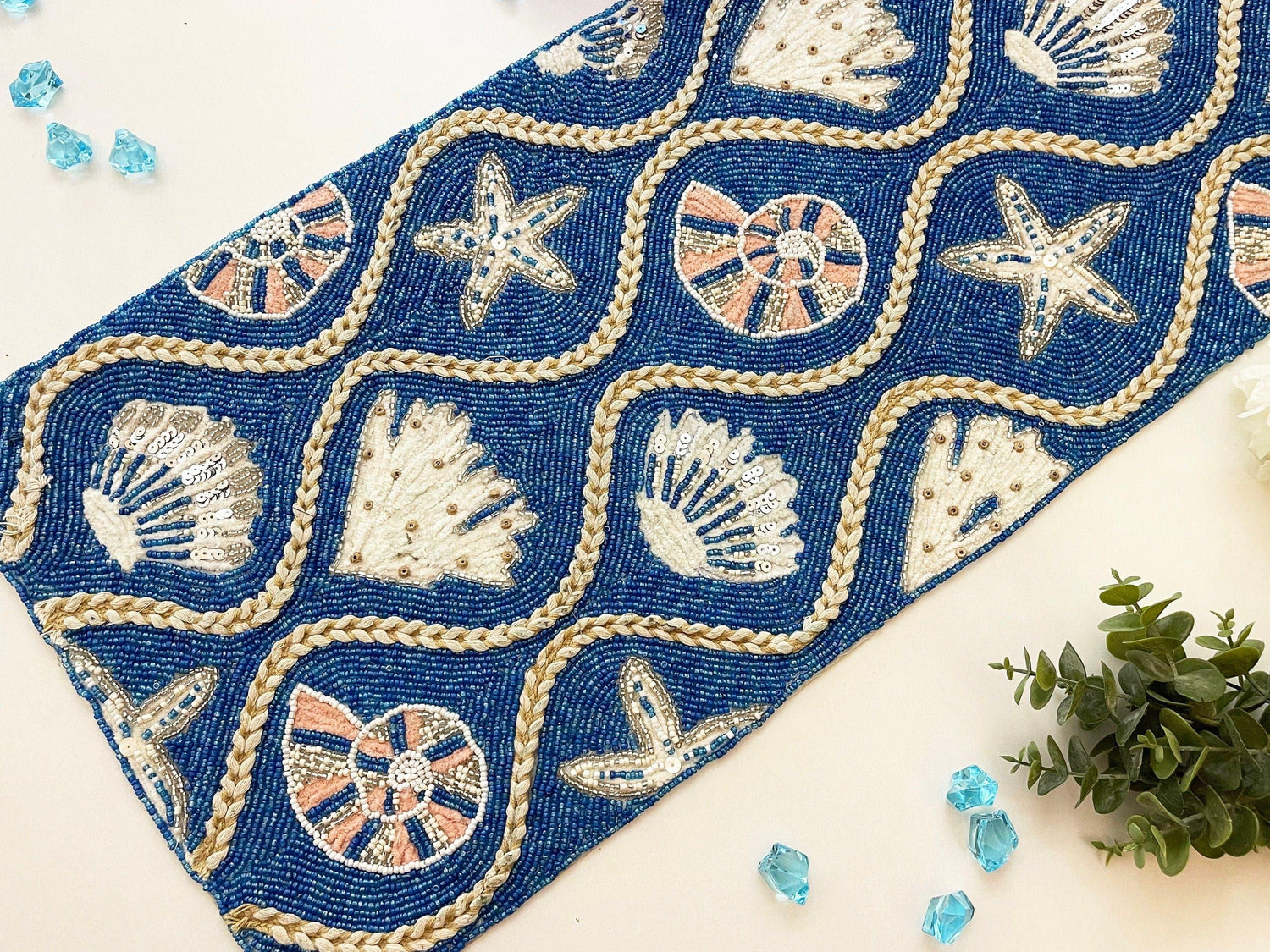 Blue Cream Seashell Bead and Embroidery Table Runner Default Title