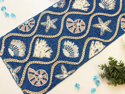 Blue Cream Seashell Bead and Embroidery Table Runner - MAIA HOMES