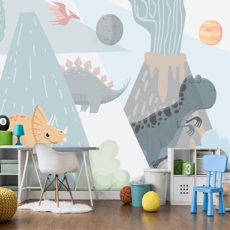 Blue Dinosaur and Volcano Nursery Wallpaper