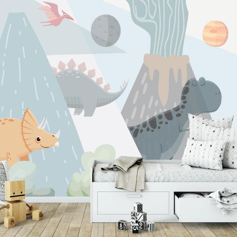 Blue Dinosaur and Volcano Nursery Wallpaper