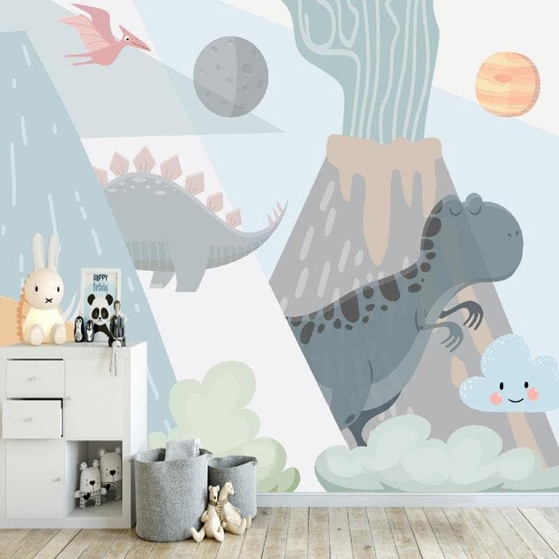 Blue Dinosaur and Volcano Nursery Wallpaper