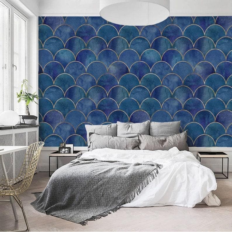 Blue Fish Scale WavesArt Deco Geometric Wallpaper