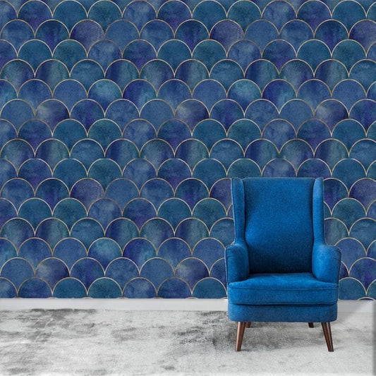 Blue Fish Scale WavesArt Deco Geometric Wallpaper - MAIA HOMES