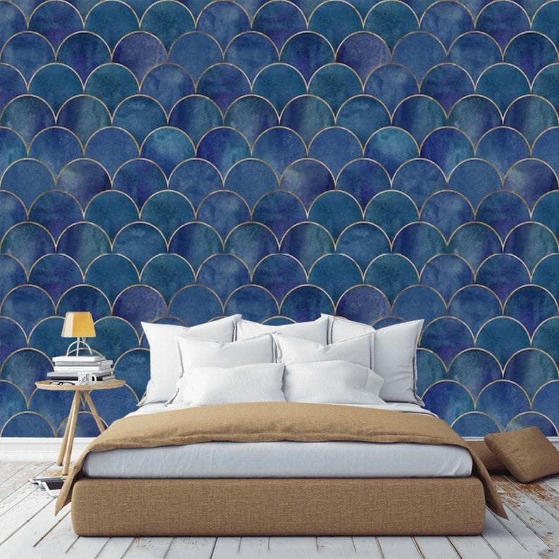 Blue Fish Scale WavesArt Deco Geometric Wallpaper