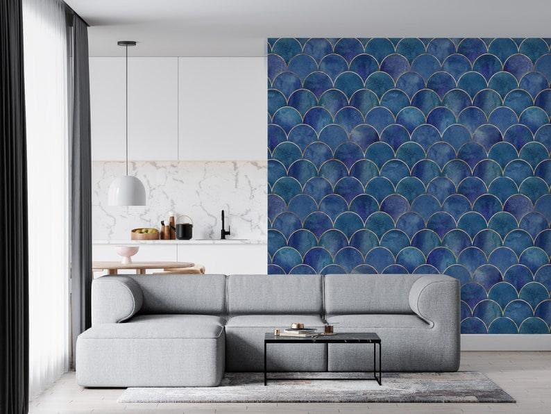 Blue Fish Scale WavesArt Deco Geometric Wallpaper