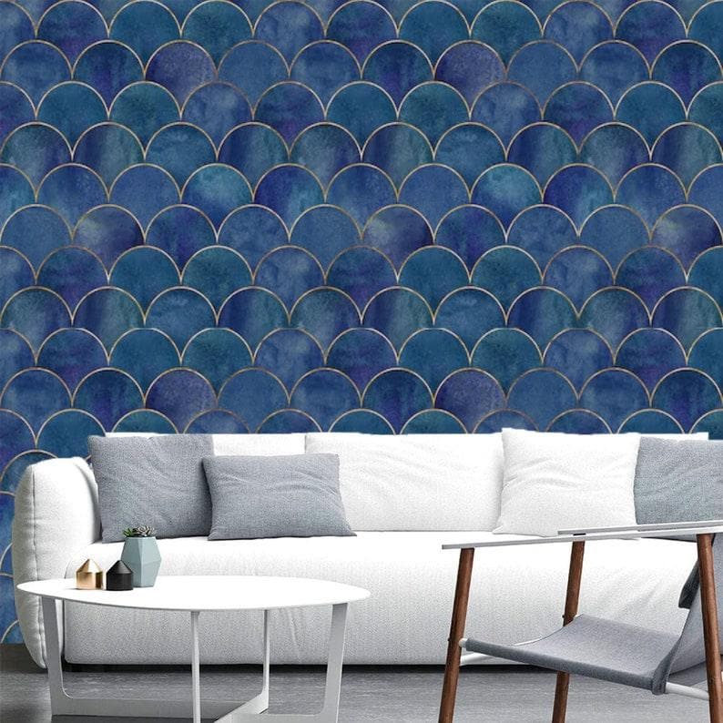 Blue Fish Scale WavesArt Deco Geometric Wallpaper