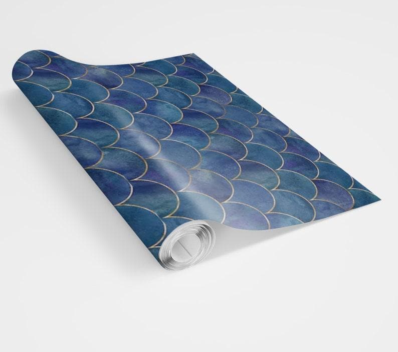 Blue Fish Scale WavesArt Deco Geometric Wallpaper