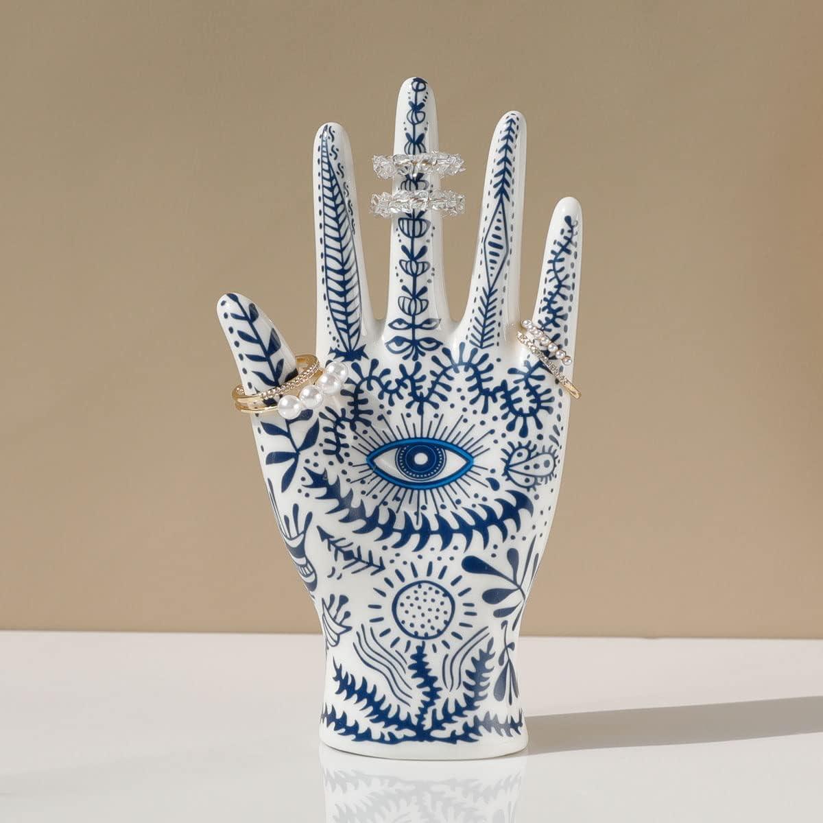 Blue Floral Evil Eye Porcelain Jewelry Holder Stand