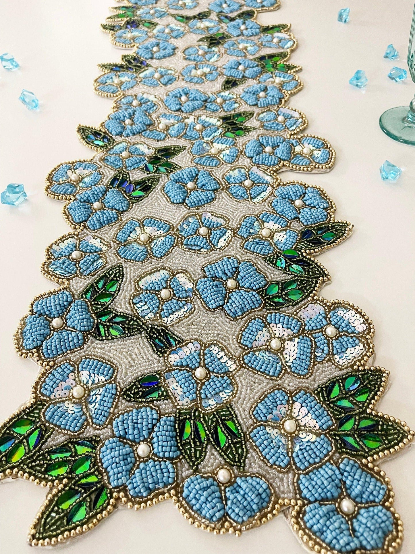 Blue Flowers in the Spring Beaded Table Runner - MAIA HOMES