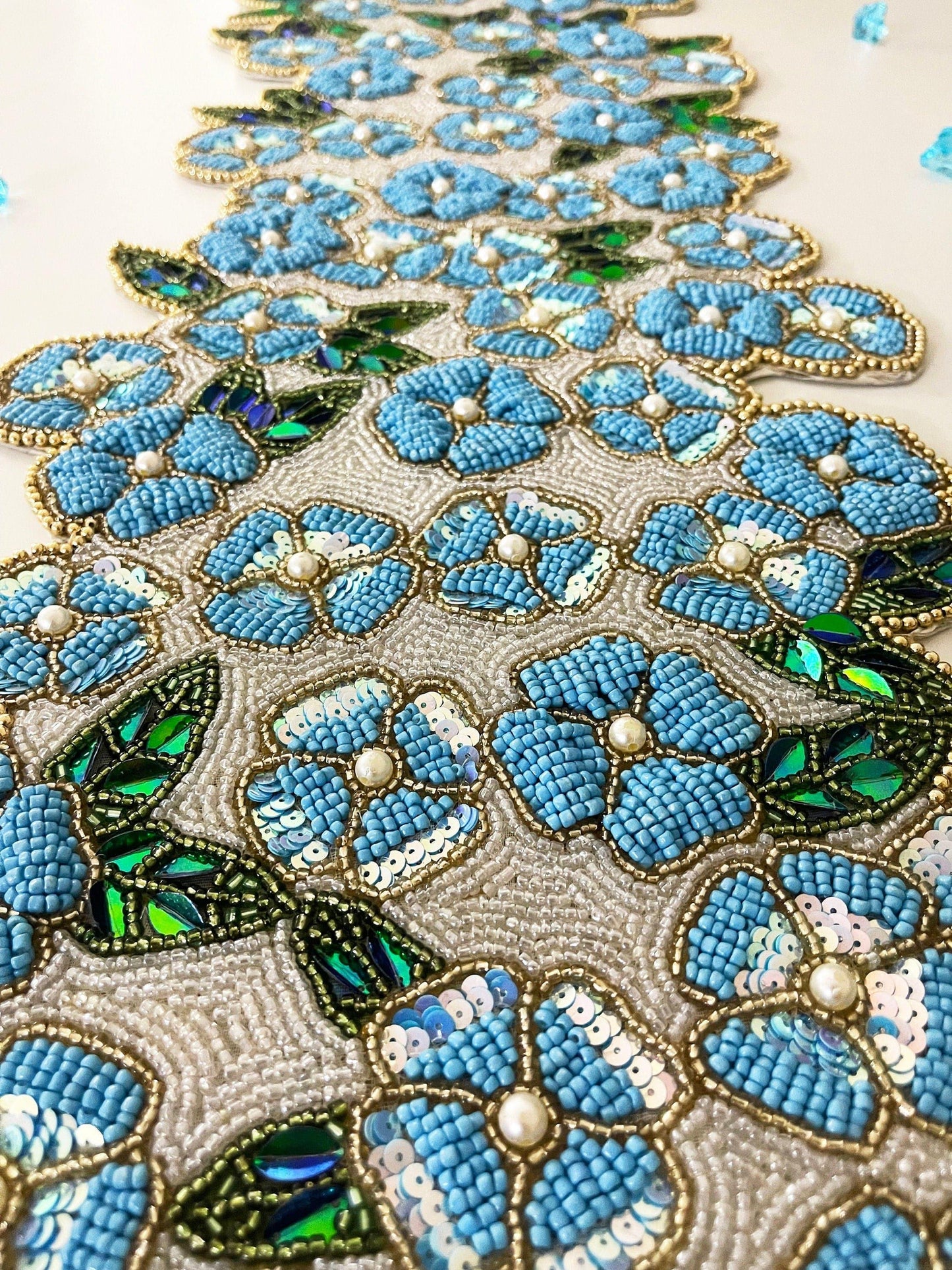 Blue Flowers in the Spring Beaded Table Runner - MAIA HOMES
