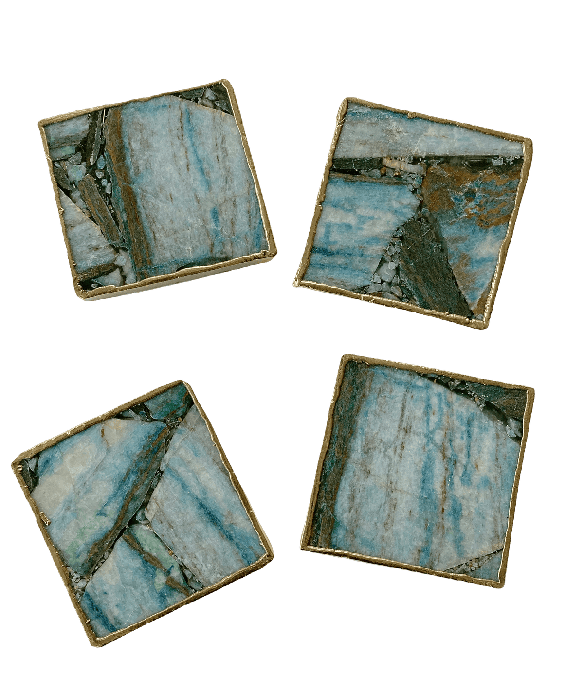 Blue-Green Composite Agate Coasters - Set of 4 Silver Finish