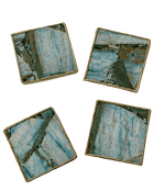 Blue-Green Composite Agate Coasters - Set of 4 Silver Finish