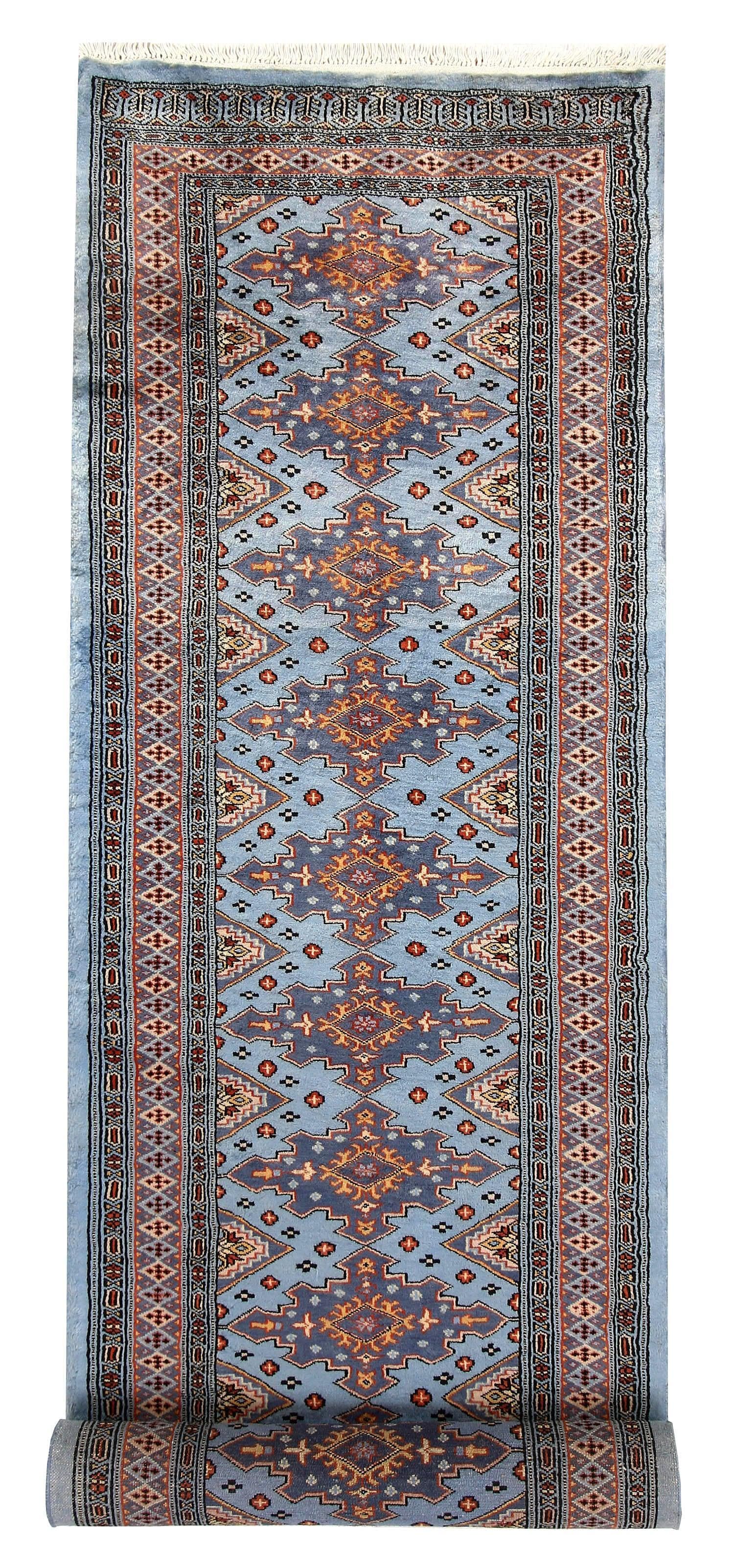 Blue Mogal Sword Wool Hand Knotted Area Rug Runner