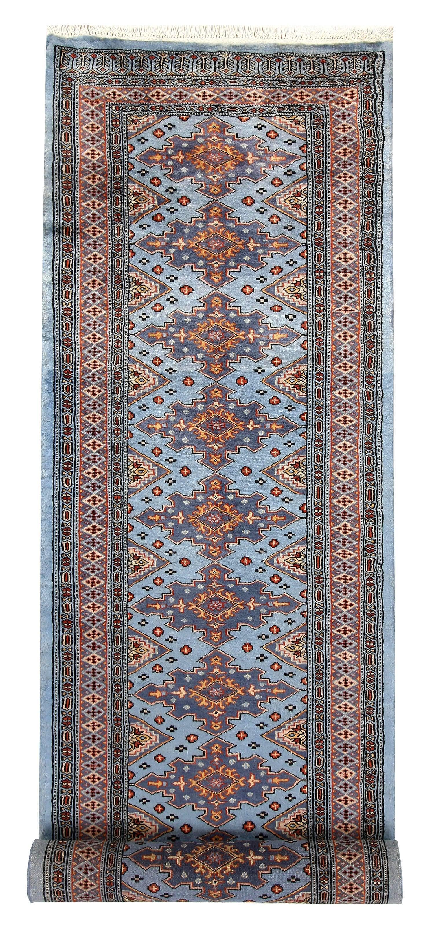 Blue Mogal Sword Wool Hand Knotted Area Rug Runner - MAIA HOMES