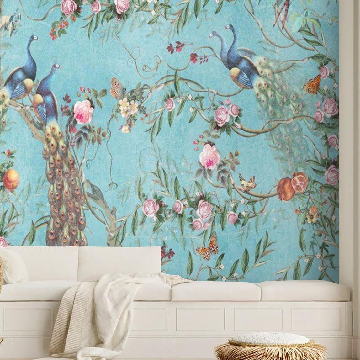 Blue Peacocks Chinoiserie Wallpaper