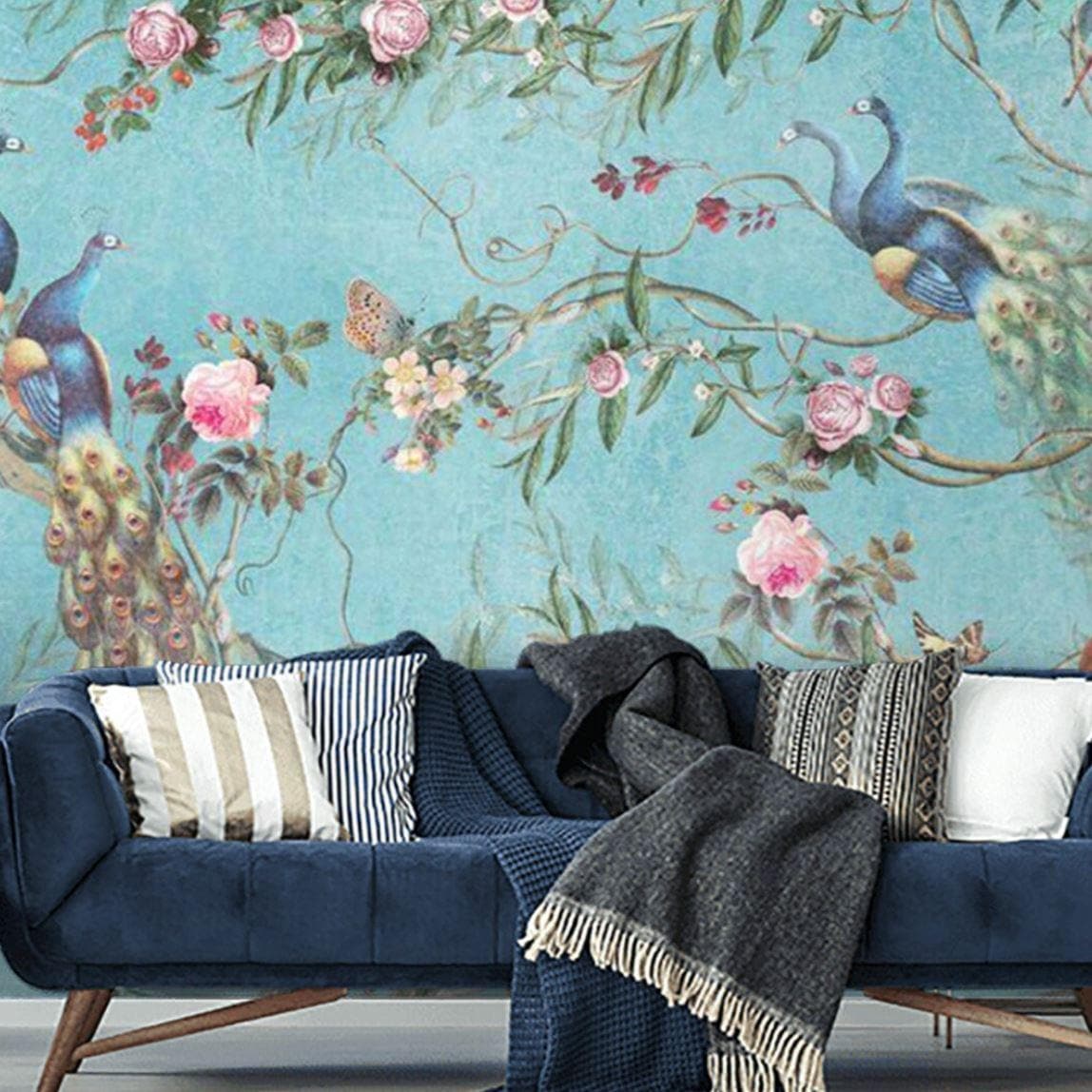 Blue Peacocks Chinoiserie Wallpaper