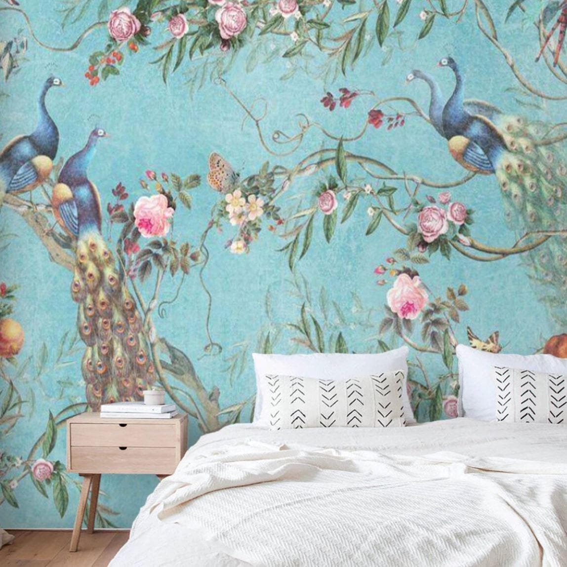 Blue Peacocks Chinoiserie Wallpaper