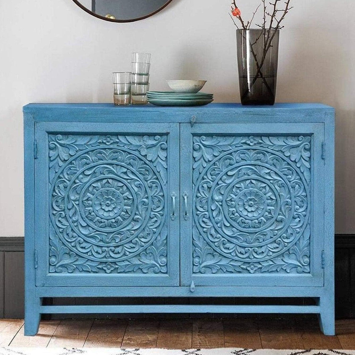 Blue Rustic Hand Carved Wooden Entryway Cabinet