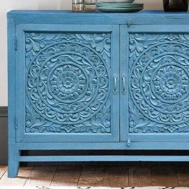 Blue Rustic Hand Carved Wooden Entryway Cabinet