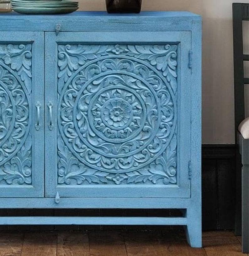 Blue Rustic Hand Carved Wooden Entryway Cabinet