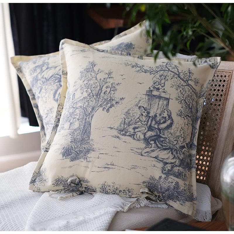 Blue Toile De Jouy Inspired Canvas Throw Pillow Cover - MAIA HOMES