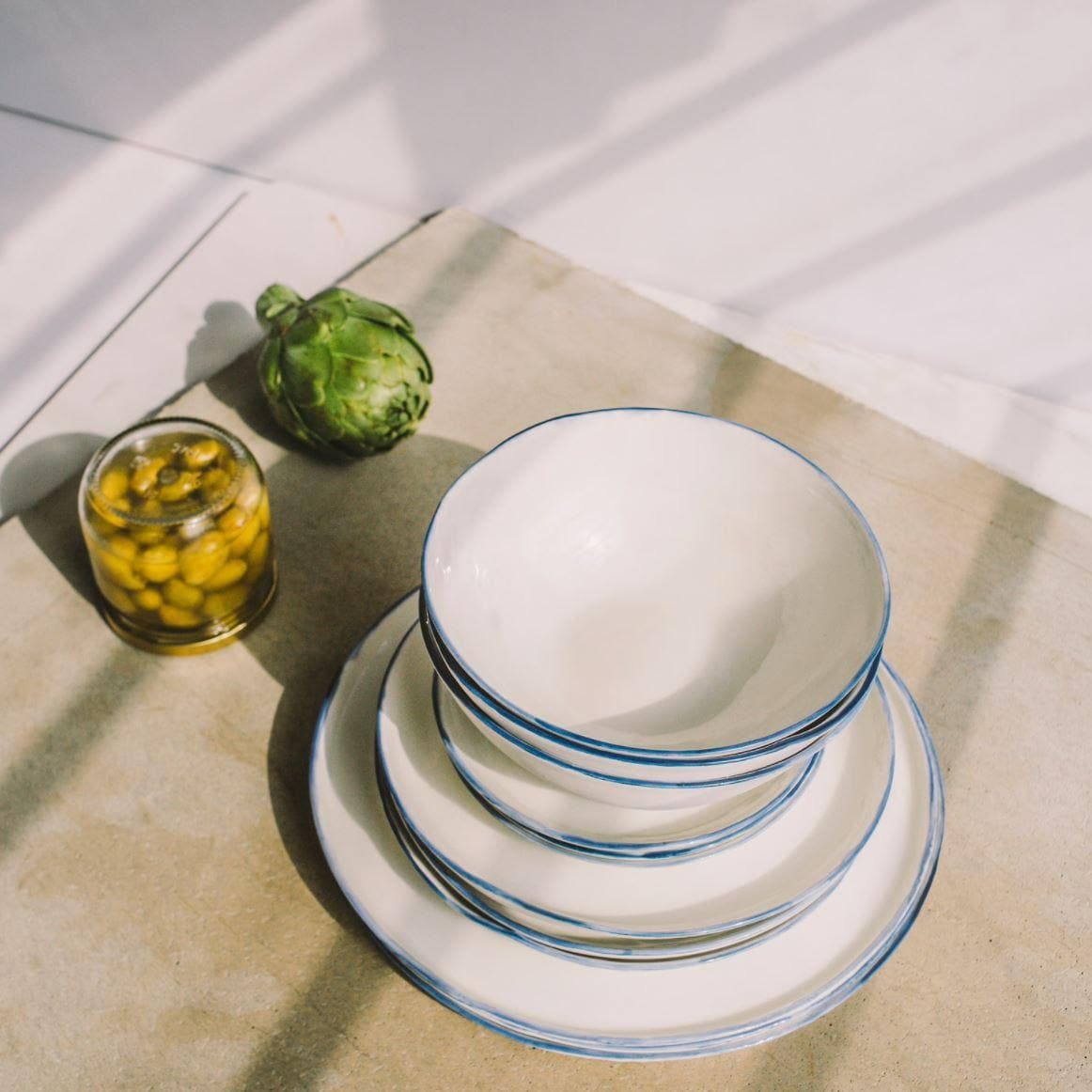 Blue Trim on White Porcelain Dinnerware - MAIA HOMES