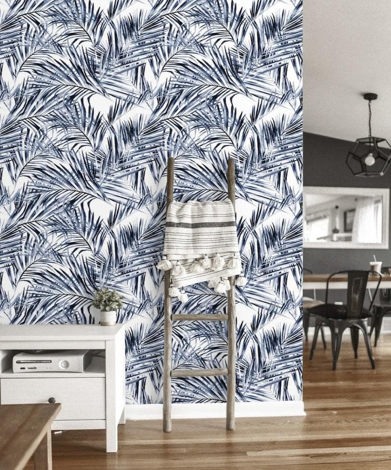 Blue Tropical Coconut Palm Leaves Wallpaper - MAIA HOMES
