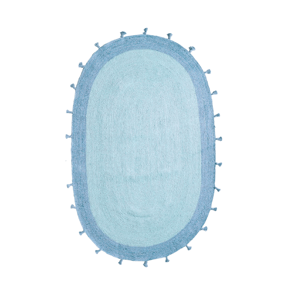 Blue Two Toned Oval Jute Rug with Tassels - MAIA HOMES
