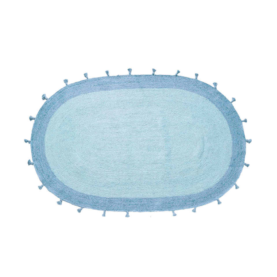 Blue Two Toned Oval Jute Rug with Tassels