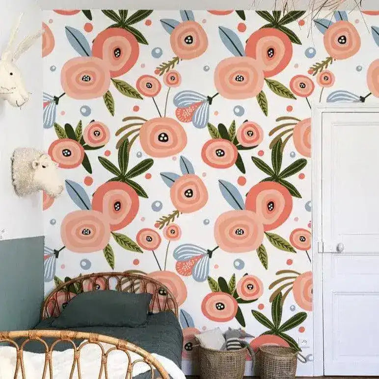 Blush and Coral Bees and Blossoming Flowers Wallpaper 34" W x 118" H