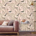 Blush Chinoiserie and Bird Wallpaper w400 x 280cm h Salf-Adhesive