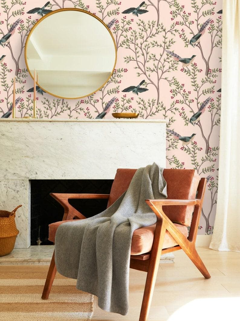 Blush Chinoiserie and Bird Wallpaper