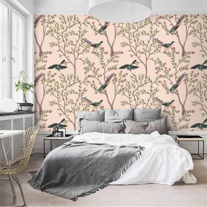 Blush Chinoiserie and Bird Wallpaper