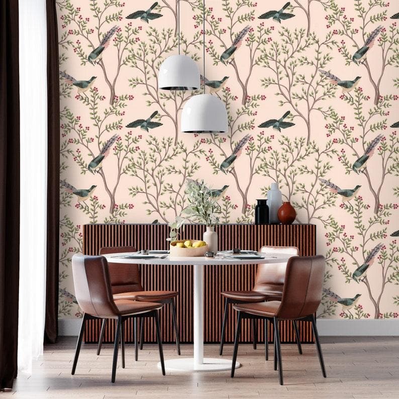 Blush Chinoiserie and Bird Wallpaper